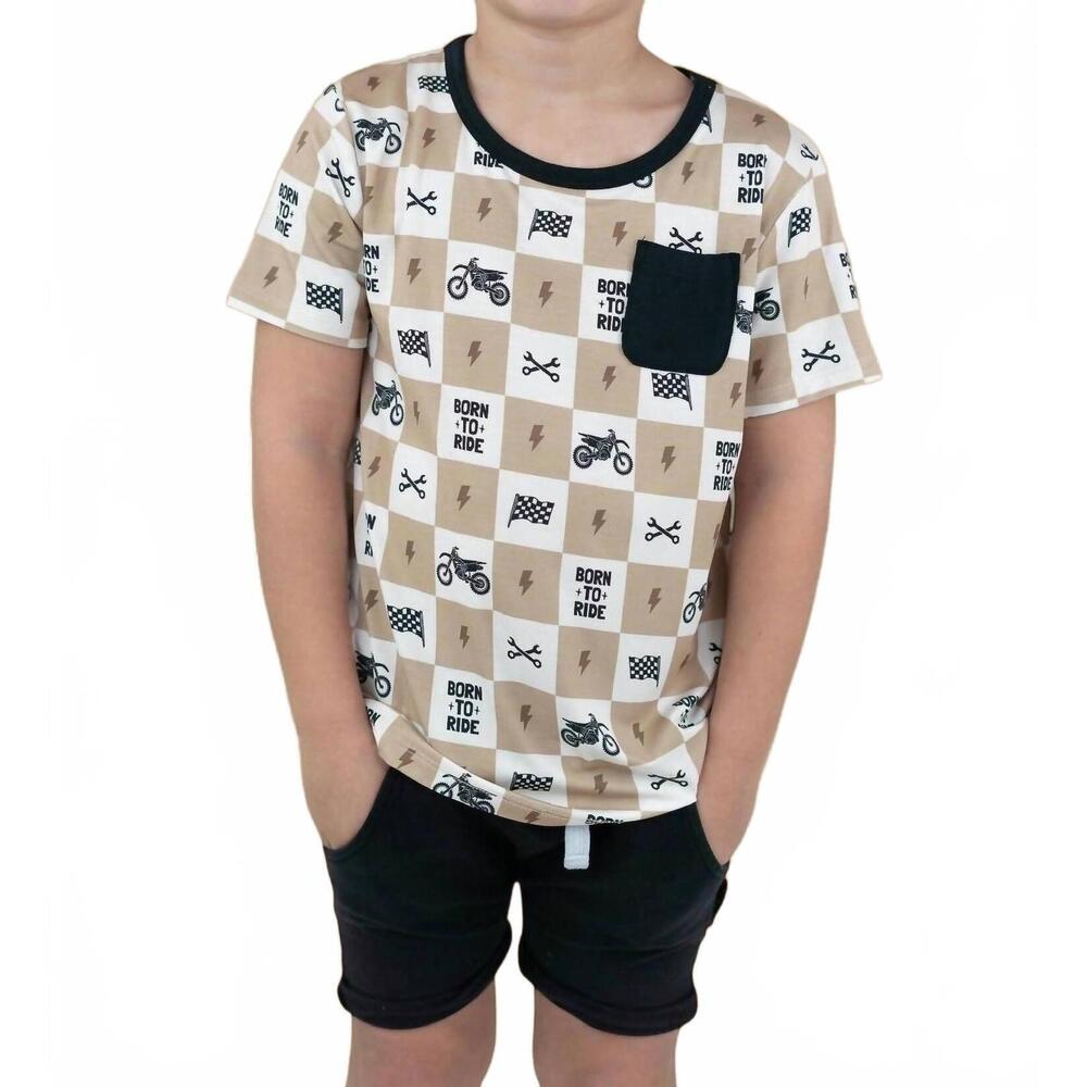 NEW DREAM BIG LITTLE CO. boy's born to ride dream pocket tshirt in beige